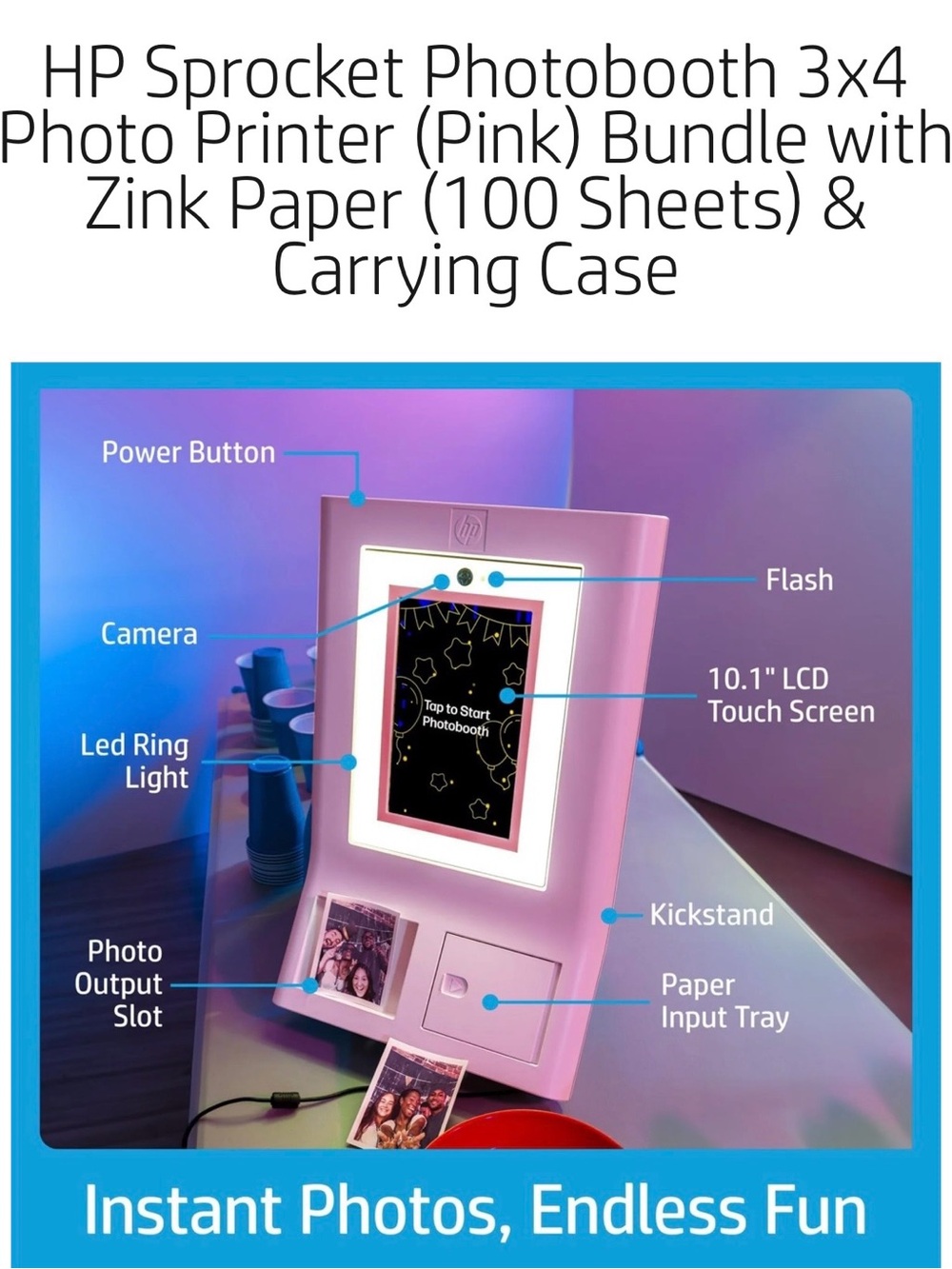 HP Sprocket Photobooth Printer - Pink and White LED Frame.  Extra paper included